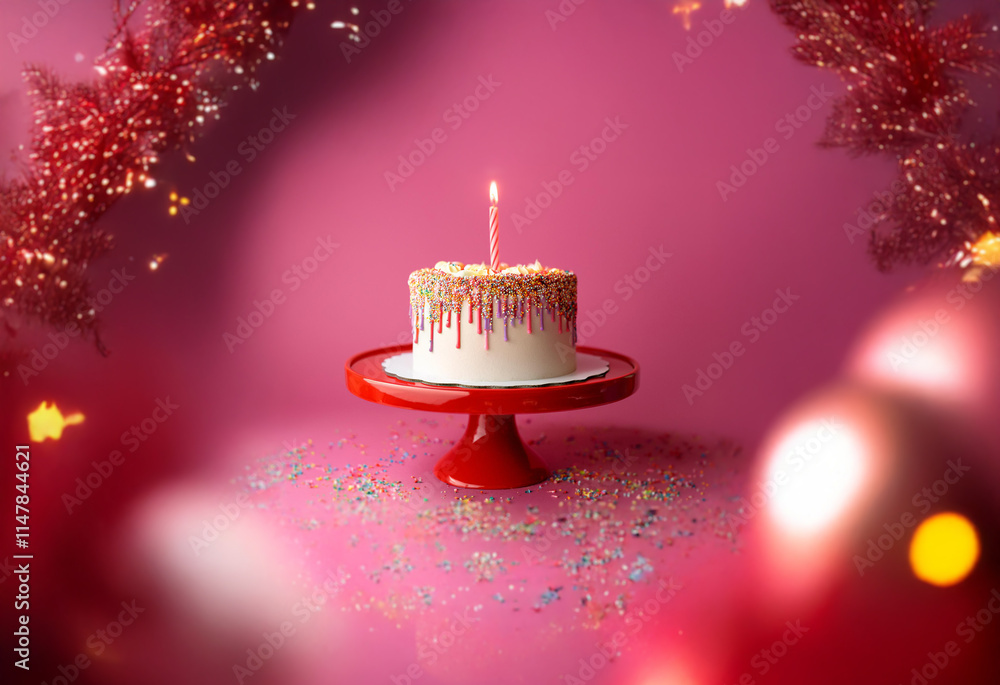Poster a single lit candle sits atop a white cake with colorful frosting and sprinkles, displayed on a red 