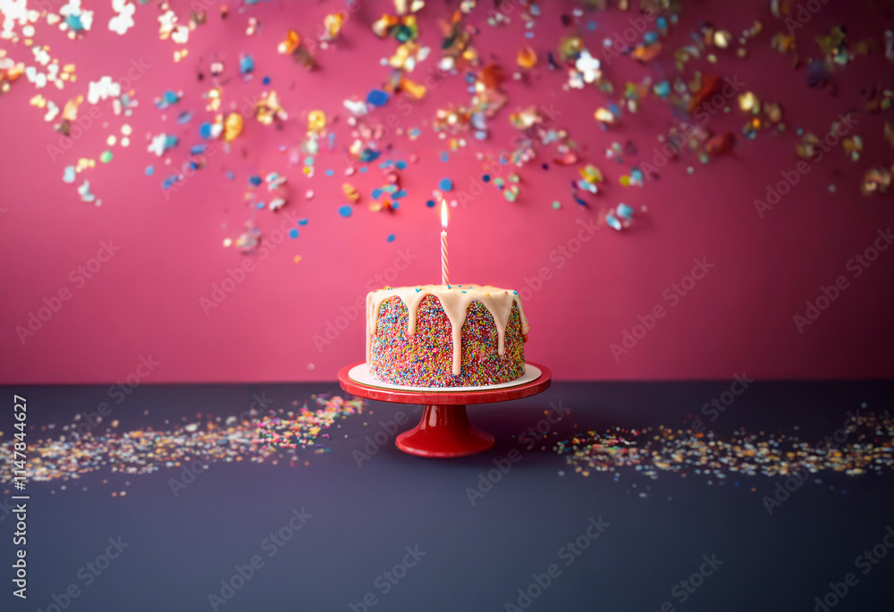 Poster a single lit candle atop a frosted cake sits on a red cake stand with confetti falling from the pink