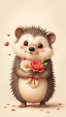 Cute hedgehog with flowers in his paws. Perfect for Valentine's Day greetings and cards