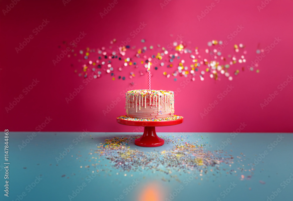 Poster a single lit candle sits atop a frosted cake with sprinkles on a red cake stand. confetti floats in 