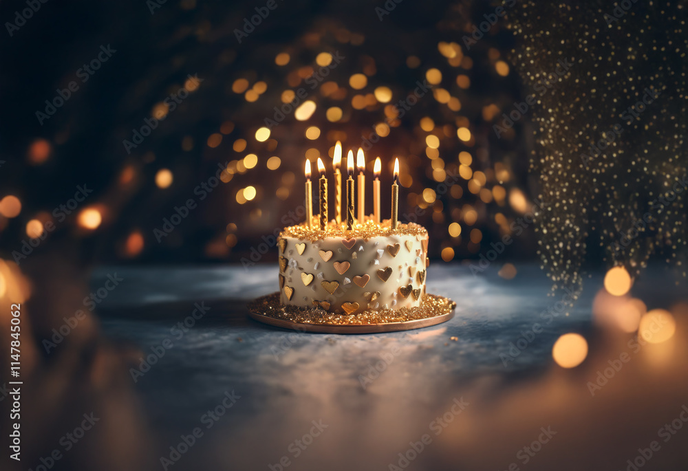 Poster a single-tiered birthday cake with gold candles and hearts sits on a grey table with a bokeh of gold