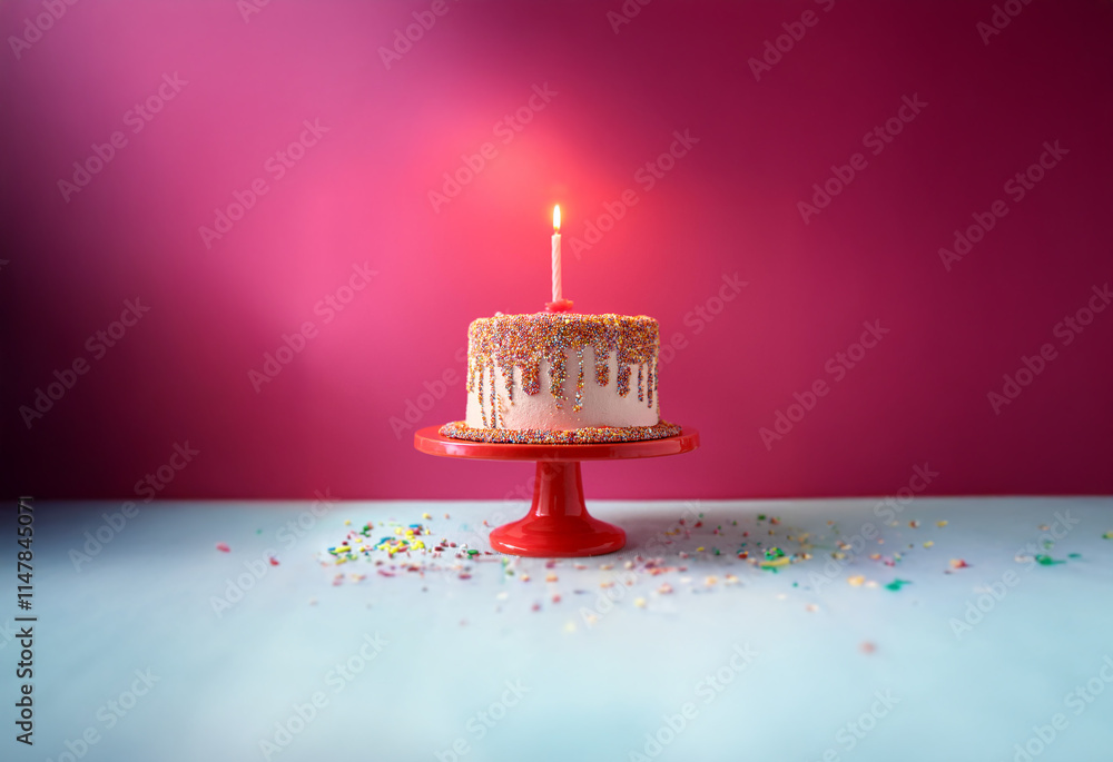 Poster a single lit candle sits atop a white cake with chocolate drizzle, resting on a red cake stand. spri