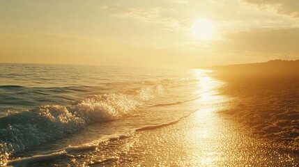 Serene Sunrise Over Calm Ocean Waves on Sandy Shoreline
