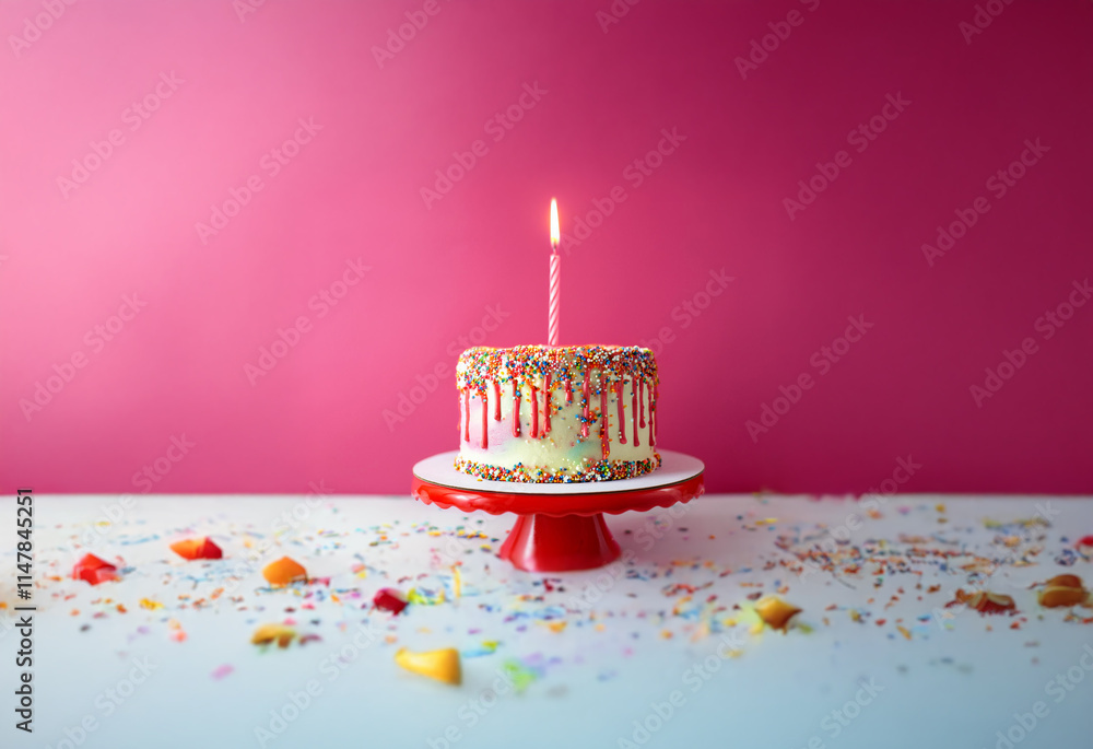 Poster a single lit candle sits atop a small, white frosted cake with colorful sprinkles. the cake sits on 