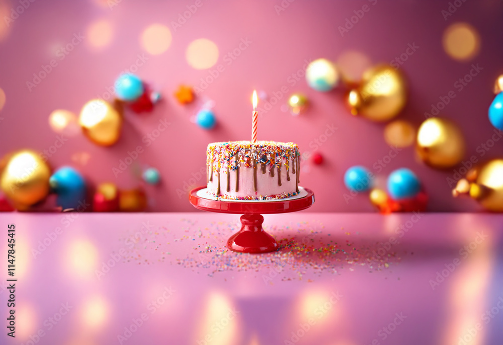 Poster a single lit candle sits atop a white birthday cake with chocolate icing and colorful sprinkles. it 