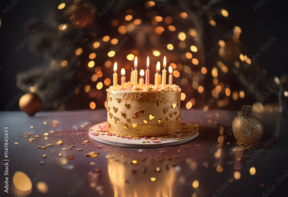 Poster a birthday cake with lit candles sits on a table with scattered confetti and blurred lights in the b