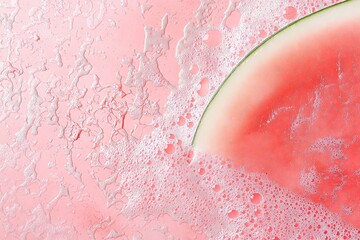 Close-Up of Fresh Watermelon Slice with Bubbly Texture on Pink Background