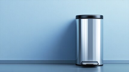 Modern Stainless Steel Trash Bin Against Light Blue Wall