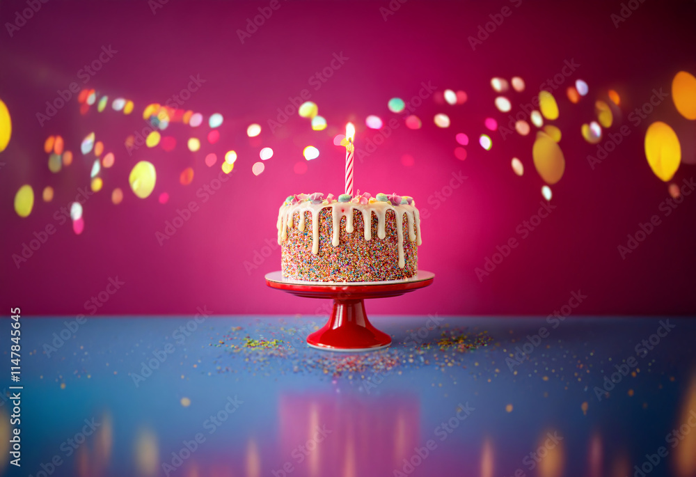 Poster a single lit candle sits atop a frosted cake on a red stand. the cake is decorated with sprinkles an