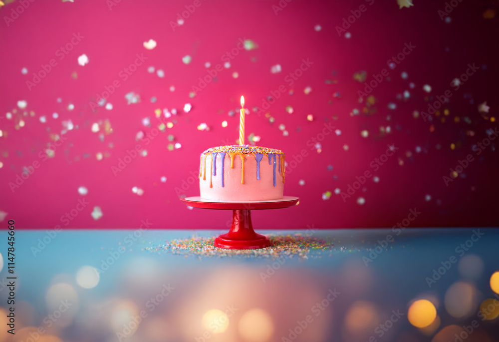 Aufkleber A single lit candle sits atop a pink frosted cake with multi-colored icing on a red cake stand in front of a pink background with confetti.