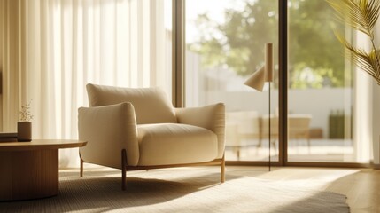 Fototapeta premium Minimalist modern lounge with clean, refined design. Featuring sleek lines and soft colors