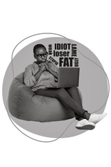 Creative photo 3d collage artwork postcard poster of upset girl suffer bullying classmates isolated on painting background