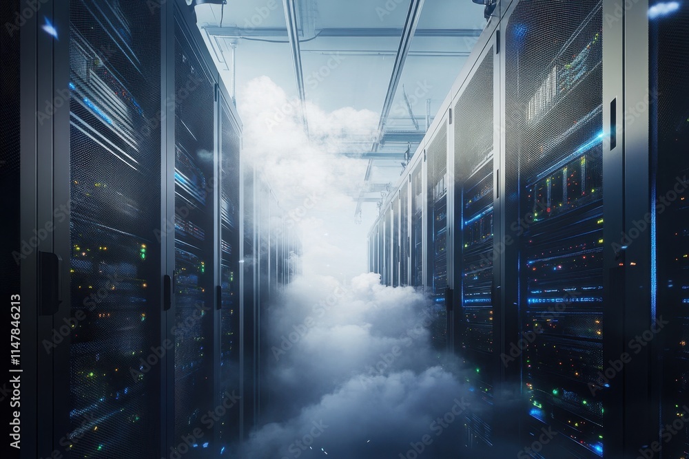 Poster data center with server racks surrounded by artificial mist during digital operations