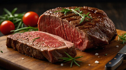 Perfectly Cooked Beef Roast Sliced on Marble with a Rich Glaze, Garnished with Fresh Rosemary, Ready to be Served as a Delicious and Elegant Meal