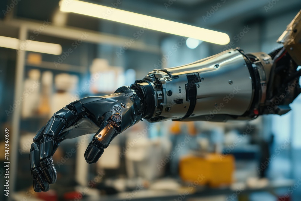 Poster advanced prosthetic arm demonstrating flexibility and control in a modern workshop environment. gene