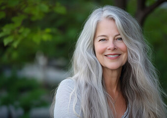 Naklejka premium Happy beautiful mature woman with long gray hair and natural soft skin and wrinkles.Macro.AI Generative.
