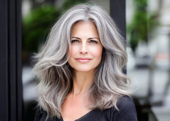 Fototapeta premium Happy beautiful mature woman with long gray hair and natural soft skin and wrinkles.Macro.AI Generative.