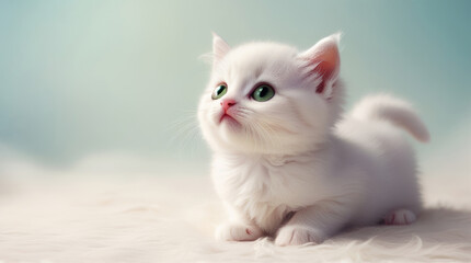 Obraz premium Sweet white kitten looking upward on a soft pastel background. Perfect for marketing, print designs, or online content, radiating charm and simplicity