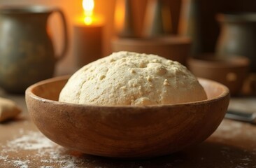 Fototapeta premium Rustic wooden bowl filled with bread dough on a kitchen counter with warm lighting, evoking a traditional baking atmosphere