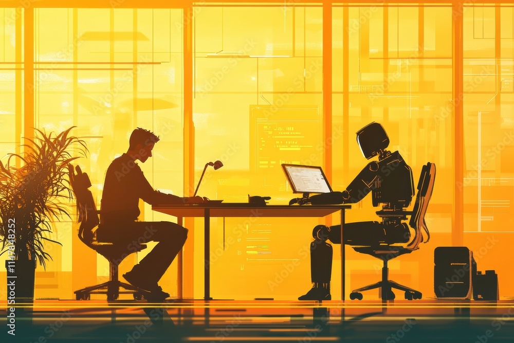 Aufkleber collaborative project work between human and robot in a modern workspace during sunset hours. genera