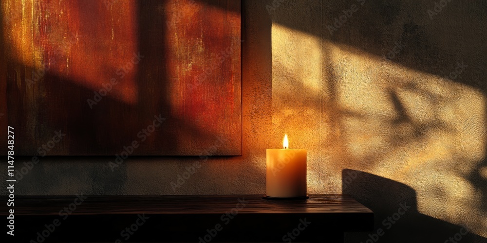 Poster a serene candle casts soft shadows on a rustic wall, creating a warm and inviting atmosphere with ar
