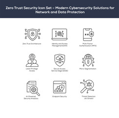 Zero Trust Security Icon Set – Modern Cybersecurity Solutions for Network and Data Protection- vector line icon with editable stroke width.