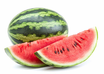Fresh raw ripe whole watermelon with red juicy slices on white background.Macro.AI Generative.