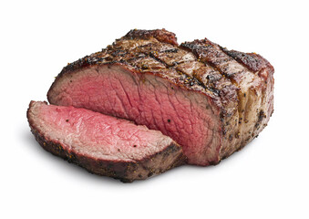 Juicy beef sirloin fillet steak with salt and pepper on white background.Macro.AI Generative.