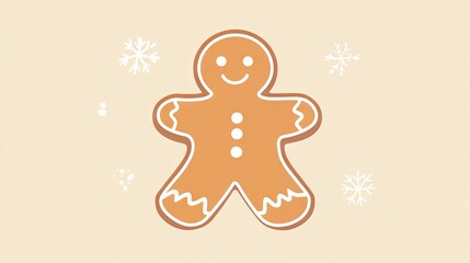 A cartoon of a gingerbread man with a smile on his face. The image is set in a snowy background