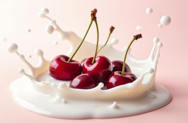 Fresh red cherries with green stems splashing in milk on a pink background, captured mid-motion for a dynamic food concept