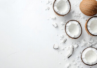 Fresh ripe raw coconut with half and slices on white background.Macro.AI Generative.