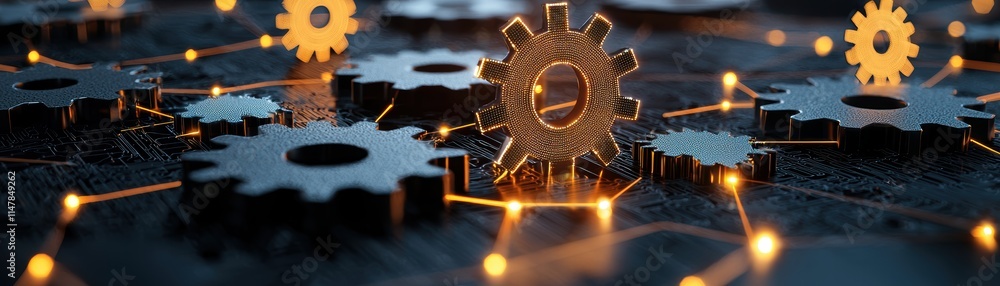 Poster a visually striking representation of interconnected gears with glowing elements, symbolizing techno