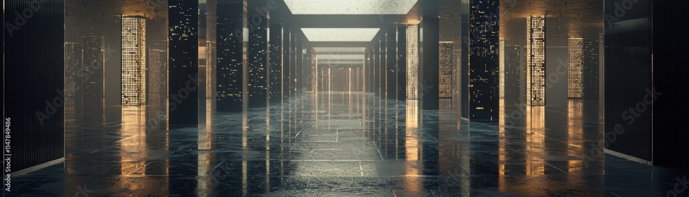 Poster a futuristic corridor lined with sleek, illuminated structures, reflecting a high-tech and sophistic
