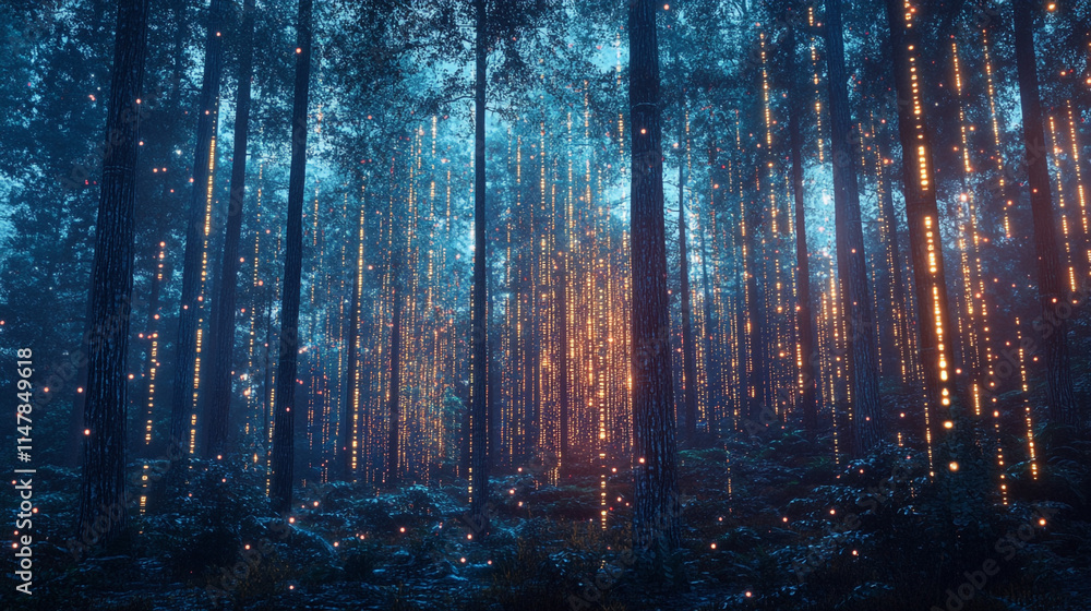 Poster magical light display in an enchanting forest during twilight hours.