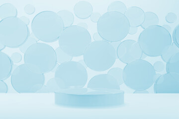 Light blue abstract stage mockup with plastic smooth round podium, flying circles decor. Template 3D illustration scene in modern, fashion style for presentation cosmetic products, goods, advertising.