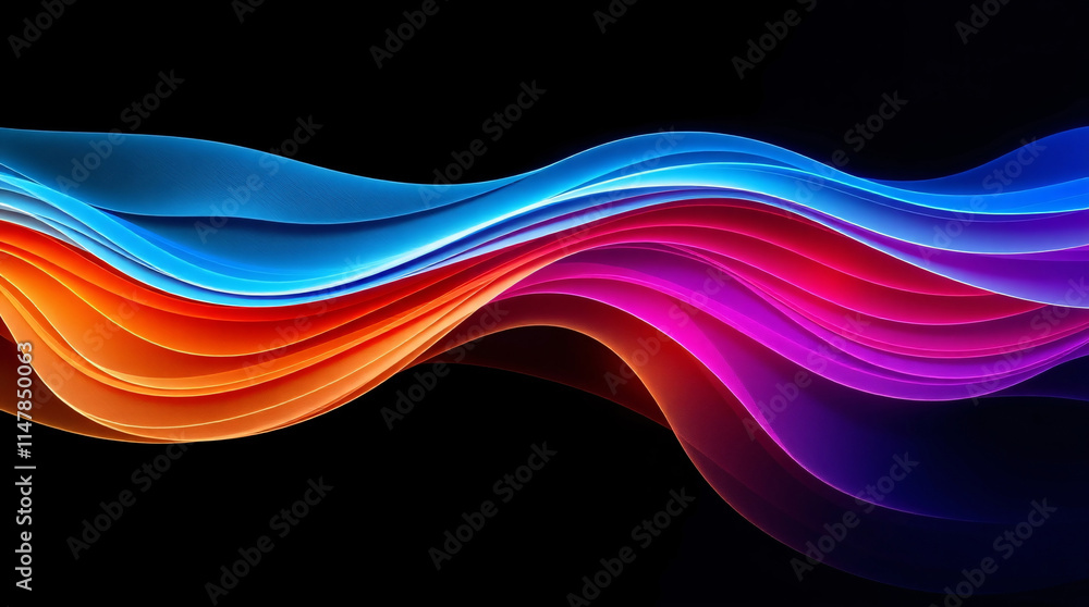 Poster abstract digital art with vibrant, multicolored light trails flowing gracefully against a dark backg