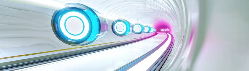 Obraz premium A futuristic tunnel with glowing circular elements, creating a vibrant sense of motion and technology, High-tech spiral corridor with holographs