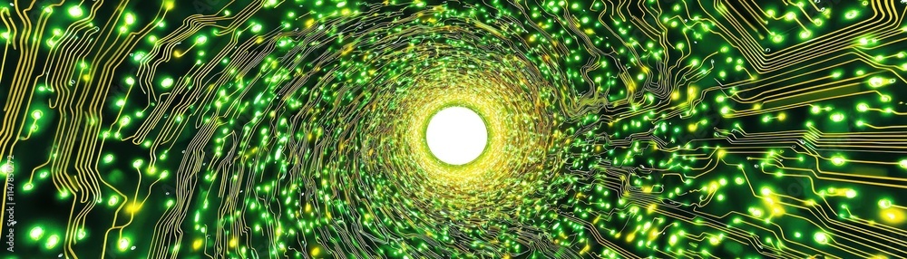 Poster a spiral of green and yellow lights radiates from a central point, creating a mesmerizing tunnel eff