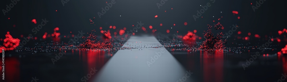 Poster a mysterious path illuminated by a beam of light, surrounded by scattered red elements, creating a d