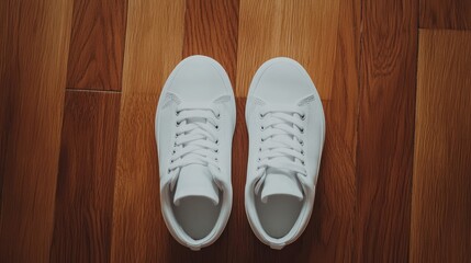 Stylish White Sneakers on Wooden Floor in Natural Light
