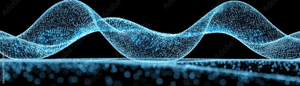 Poster a mesmerizing blue wave pattern, illuminated with glowing particles, creates a sense of depth and fl