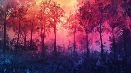 Fototapeta premium A forest with trees in a painting. The trees are pink, purple, and blue. The sky is orange