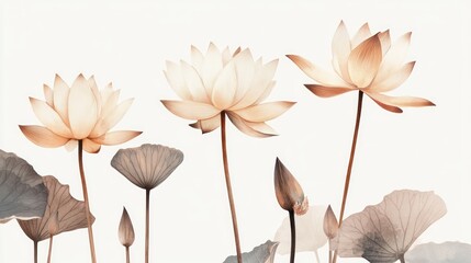 Obraz premium Elegant beige lotus flowers and buds against a white background.