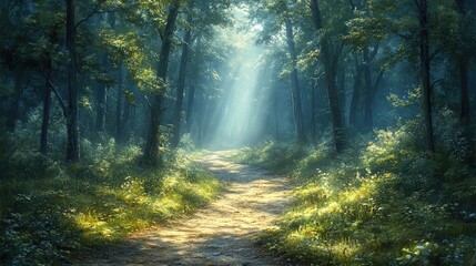 Naklejka premium Sunlit path through mystical, verdant forest.