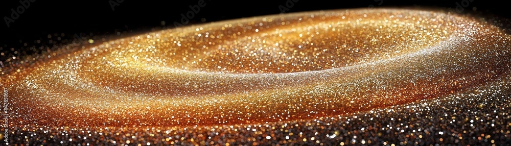 Poster a swirling galaxy with golden and white stardust, creating a mesmerizing cosmic scene against a dark