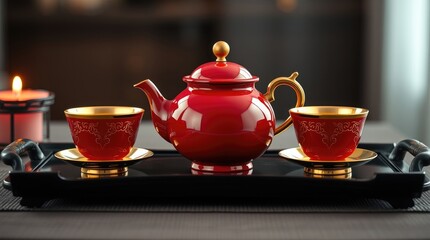 Fototapeta premium A beautifully arranged red Chinese tea set featuring a teapot and two cups on a black tray, perfect for serving tea during a festive celebration or gathering
