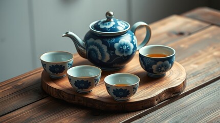 Fototapeta premium Four intricately designed tea cups accompany a beautifully crafted teapot on a wooden tray, perfect for enjoying tea during celebrations like Chinese New Year