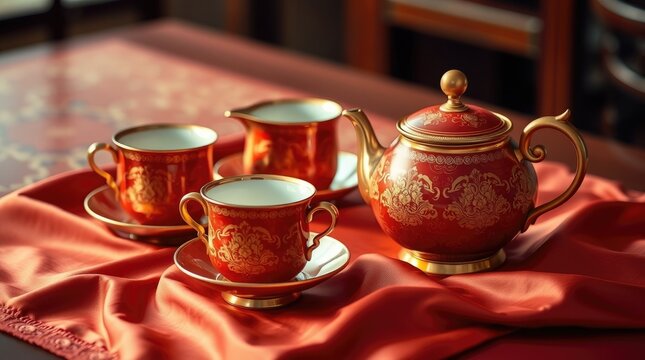 A beautifully arranged Chinese tea set featuring ornate red and gold designs, showcasing cups, a teapot, and a creamer on a rich tablecloth, perfect for festive occasions