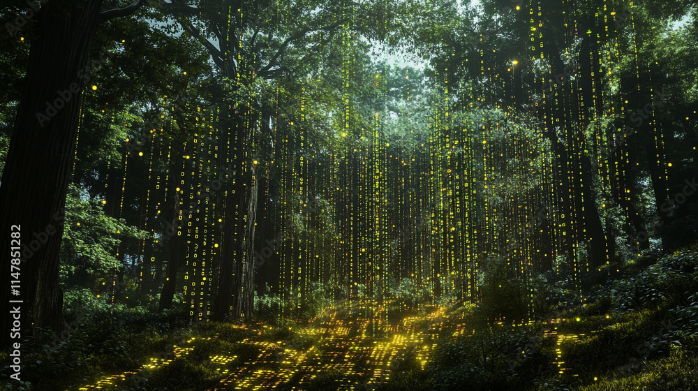 Poster magical forest with glowing lights creating an enchanting atmosphere.