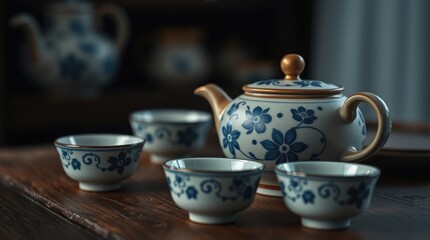 A beautifully crafted Chinese tea set is showcased on a wooden table, featuring a teapot and matching cups with floral designs. Soft lighting enhances the elegance